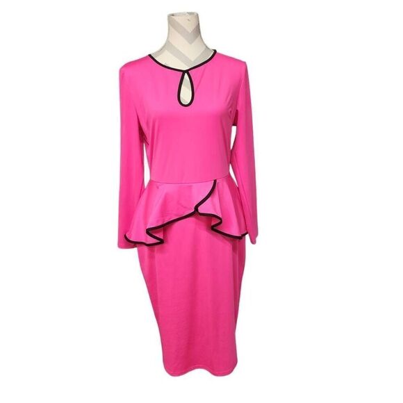 Women's Fushia Midi Ruffle Skirt Pencil Bodycon Dress Size Large Professional Ca - Picture 1 of 6